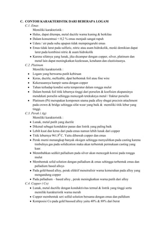 C. CONTOH KARAKTERISTIK DARI BEBERAPA LOGAM
   C.1. Emas
         Memiliki karakteristik :
         Halus, dapat ditempa, metal ductile warna kuning & berkilau
         Dalam konsentrasi < 0,2 % emas menjadi sangat rapuh
         Udara / air pada suhu apapun tidak mempengaruhi emas
         Emas tidak larut pada sulfuric, nitric atau asam hidrokolik, meski demikian dapat
           larut pada kombinsi nitric & asam hidrokolik
         Karena sifatnya yang lunak, jika dicampur dengan copper, silver, platinum dan
           metal lain dapat meningkatkan keekrasan, ketahann dan elastisitasnya.
   C.2. Platinum
         Memiliki karakteristik :
         Logam yang berwarna putih kebiruan
         Keras, ductile, melleable, dpat berbentuk foil atau fine wire
         Kekerasannya hampir sama dengan copper
         Tahan terhadap kondisi serta temperatur dalam rongga mulut
         Dalam bentuk foil titik leburnya tinggi dari porselen & koefisien ekspansinya
         mendekati porselin sehingga mencegah tetekuknya metal / fraktur porselin
         Platinum (Pt) merupakan komponen utama pada alloy sbagai precisin attachment
         pada crown & bridge sehingga sifat wear yang baik & memiliki titik lebur yang
         tinggi.
   C.3. Perak ( Ag)
         Memiliki karakteristik :
         Lunak, metal putih yang ductile
         Dikenal sebagai konduktor panas dan listrik yang paling baik
         Lebih kuat dan keras dari pada emas namun lebih lunak dari copper
         Titik leburnya 961,90 C. Yaitu dibawah copper dan emas
         Perak murni menangkap banyak oksigen sehingga menyulitkan pada casting karena
           timbulnya gas pada solidication maka akan terbentuk permukaan casting yang
           kaar.
         Menmbahkan sedikit palladium pada silver akan mencegah korosi pada rongga
           mulut
         Membentuk solid solution dengan palladium & emas sehingga terbentuk emas dan
           palladium based alloys
         Pada gold-based alloy, perak efektif menetralisir warna kemerahan pada alloy yang
           mengandung copper
         Pada palladium – based alloy , perak meningkatkan warna putih dari alloy
   C.4. Copper ( Co)
         Lunak, metal ductille dengan konduktivitas termal & listrik yang tinggi serta
           memiliki karakteristik warna merah
         Copper membentuk seri sollid solution bersama dengan emas dan palldium
         Komposisi Co pada gold basssed alloy yaitu 40% & 88% dari berat
 