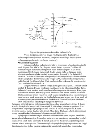 Digram fase perubahan mikrostuktur paduan Al-Cu
                 Proses dari pemanasan awal hingga pendinginan cepat disebut proses
        perlakuan pelarutan (solution treatment), dan proses sesudahnya disebut proses
        perlakuan pengendapan (precipitation treatment).
        Mekanisme Pengerasan
                 Untuk menjelaskan mekanisme terjadinya pengerasan, sebagai contoh diambil
        untuk diagram fase Al-Cu. Dari diagram tampak bahwa kelarutan Cu dalam Al
        menurun dengan menurunnya temperatur. Suatu paduan dengan 4 % Cu mulai
        membeku di titik 1 dengan membentuk dendrit larutan padat a. Dan pada titik 2
        seluruhnya sudah membeku menjadi larutan padat a dengan 4 % Cu. Pada titik 3
        kelarutan Cu dalam Al mencapai batas jenuhnya, bila temperaturnya diturunkan akan
        ada Cu yang keluar dari larutan padat a berupa CuAl2. Makin rendah temperaturnya
        makin banyak Cu-Al yang keluar. Pada gambar struktur mikro Al-Cu tampak partikel
        CuAl tersebar didalam matriks a.
                 Dengan pemanasan kembali sampai diatas garis solvus (titik 3) semua Cu larut
        kembali di dalam a. Dengan pendingan cepat (quench) Cu tidak sempat keluar dari a.
        Pada suhu kamar struktur masih tetap berupa larutan padat a fase tunggal Sifatnyapun
        masih belum berubah. Masih tetap lunak dan sedikit ulet. Dalam keadaan ini larutan
        dikatakan sebagai larutan yang lewat jenuh karena mengadung solute yang melampaui
        batas jenisnya untuk temperatur itu. Setelah beberapa saat larutan yang lewat jenuh ini
        akan mengalami perubahan kekerasan dan kekuatan. Menjadi lebih kuat dan keras ,
        tetapi struktur mikro tidak tampak mengalami perubahan .
Penguatan ini terjadi karena timbulnya partikel CuAl2 (fase q) yang berpresipitasi di dalam
kristal a. Presipitat ini sangat kecil tidak tampak di mikroskop (submicroscopic) dan akan
menyebabkan terjadinya tegangan pada lattis kristal a di sekitar presipitat ini . Karena
presipitat tersebar merata didalam lattis kristal. Maka dapat dikatakan seluruh lattis menjadi
tegang mengakibatkan kekuatan dan kekerasan menjadi lebih tinggi.
         Aging dapat dilakukan dengan membiarkan larutan lewat jenuh itu pada temperatur
kamar selama beberapa waktu. Dinamakan natural aging atau dengan memanaskan kembali
larutan lewat jenuh itu ke temperatur di bawah garis solvus dan dibiarkan pada temperatur
tersebut selama beberapa saat. Dinamakan artficial aging Bila aging temperatur terlalu tinggi
dan atau aging time terlalu panjang maka partikel yang terjadi akan terlalu besar (sudah
 