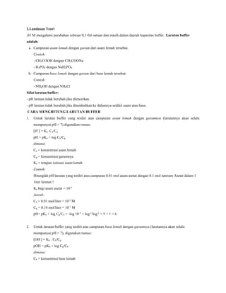 2.Landasan Teori
,01 M mengalami perubahan sebesar 0,1-0,6 satuan dan masih dalam daerah kapasitas buffer. Larutan buffer
adalah:
a. Campuran asam lemah dengan garam dari asam lemah tersebut.
Contoh:
- CH3COOH dengan CH3COONa
- H3PO4 dengan NaH2PO4
b. Campuran basa lemah dengan garam dari basa lemah tersebut.
Contoh:
- NH4OH dengan NH4Cl
Sifat larutan buffer:
- pH larutan tidak berubah jika diencerkan.
- pH larutan tidak berubah jika ditambahkan ke dalamnya sedikit asam atau basa.
CARA MENGHITUNG LARUTAN BUFFER
1. Untuk larutan buffer yang terdiri atas campuran asam lemah dengan garamnya (larutannya akan selalu
mempunyai pH < 7) digunakan rumus:
[H+
] = Ka. Ca/Cg
pH = pKa + log Ca/Cg
dimana:
Ca = konsentrasi asam lemah
Cg = konsentrasi garamnya
Ka = tetapan ionisasi asam lemah
Contoh:
Hitunglah pH larutan yang terdiri atas campuran 0.01 mol asam asetat dengan 0.1 mol natrium Asetat dalam 1
1iter larutan !
Ka bagi asam asetat = 10-5
Jawab:
Ca = 0.01 mol/liter = 10-2
M
Cg = 0.10 mol/liter = 10-1
M
pH= pKa + log Cg/Ca = -log 10-5
+ log-1
/log-2
= 5 + 1 = 6
2. Untuk larutan buffer yang terdiri atas campuran basa lemah dengan garamnya (larutannya akan selalu
mempunyai pH > 7), digunakan rumus:
[OH-
] = Kb . Cb/Cg
pOH = pKb + log Cg/Cb
dimana:
Cb = konsentrasi base lemah
 