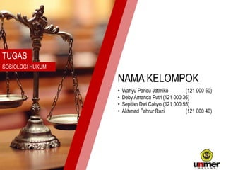 NAMA KELOMPOK
• Wahyu Pandu Jatmiko (121 000 50)
• Deby Amanda Putri (121 000 36)
• Septian Dwi Cahyo (121 000 55)
• Akhmad Fahrur Rozi (121 000 40)
TUGAS
SOSIOLOGI HUKUM
 