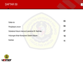 Daftar Isi
Penjelasan umum
Substansi Hukum menurut Lawrence M. friedman
Hubungan Antar Komponen Sistem Hukum
Ilustrasi
03
04
07
10
11
3DAFTAR ISI
 