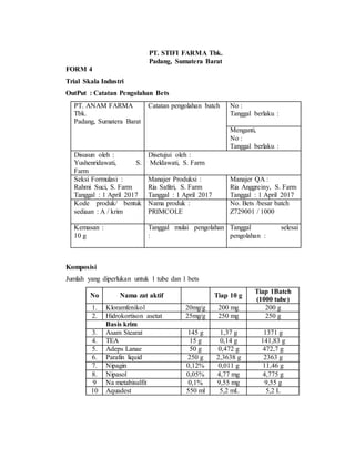 PT. STIFI FARMA Tbk.
Padang, Sumatera Barat
FORM 4
Trial Skala Industri
OutPut : Catatan Pengolahan Bets
PT. ANAM FARMA
Tbk.
Padang, Sumatera Barat
Catatan pengolahan batch No :
Tanggal berlaku :
Menganti,
No :
Tanggal berlaku :
Disusun oleh :
Yushenridawati, S.
Farm
Disetujui oleh :
Meldawati, S. Farm
Seksi Formulasi :
Rahmi Suci, S. Farm
Tanggal : 1 April 2017
Manajer Produksi :
Ria Safitri, S. Farm
Tanggal : 1 April 2017
Manajer QA :
Ria Anggreiny, S. Farm
Tanggal : 1 April 2017
Kode produk/ bentuk
sediaan : A / krim
Nama produk :
PRIMCOLE
No. Bets /besar batch
Z729001 / 1000
Kemasan :
10 g
Tanggal mulai pengolahan
:
Tanggal selesai
pengolahan :
Komposisi
Jumlah yang diperlukan untuk 1 tube dan 1 bets
No Nama zat aktif Tiap 10 g
Tiap 1Batch
(1000 tube)
1. Kloramfenikol 20mg/g 200 mg 200 g
2. Hidrokortison asetat 25mg/g 250 mg 250 g
Basis krim
3. Asam Stearat 145 g 1,37 g 1371 g
4. TEA 15 g 0,14 g 141,83 g
5. Adeps Lanae 50 g 0,472 g 472,7 g
6. Parafin liquid 250 g 2,3638 g 2363 g
7. Nipagin 0,12% 0,011 g 11,46 g
8. Nipasol 0,05% 4,77 mg 4,775 g
9 Na metabisulfit 0,1% 9,55 mg 9,55 g
10 Aquadest 550 ml 5,2 mL 5,2 L
 