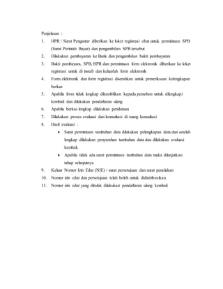 Penjelasan :
1. HPR / Surat Pengantar diberikan ke loket registrasi obat untuk permintaan SPB
(Surat Perintah Bayar) dan pengambilan SPB tersebut
2. Dilakukan pembayaran ke Bank dan pengambilan bukti pembayaran
3. Bukti pembayara, SPB, HPR dan permintaan form elektronik diberikan ke loket
registrasi untuk di install dan keluarlah form elektronik
4. Form elektronik dan form registrasi diserahkan untuk pemeriksaan kelengkapan
berkas
5. Apabila form tidak lengkap dikemblikan kepada pemohon untuk dilengkapi
kembali dan dilakukan pendaftaran ulang
6. Apabila berkas lengkap dilakukan pendataan
7. Dilakukan proses evaluasi dan konsultasi di ruang konsultasi
8. Hasil evaluasi :
 Surat permintaan tambahan data dilakukan pelengkapan data dan setelah
lengkap dilakukan penyerahan tambahan data dan dilakukan evaluasi
kembali.
 Apabila tidak ada surat permintaan tambahan data maka dilanjutkan
tahap selanjutnya
9. Keluar Nomor Izin Edar (NIE) / surat persetujuan dan surat penolakan
10. Nomor izin edar dan persetujuan telah boleh untuk didistribusikan
11. Nomor izin edar yang ditolak dilakukan pendaftaran ulang kembali
 