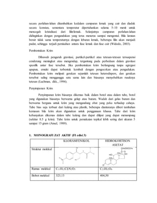 secara perlahan-lahan ditambahkan kedalam campuran lemak yang cair dan diaduk
secara konstan, sementara temperatur dipertahankan selama 5-10 menit untuk
mencegah kristalisasi dari lilin/lemak. Selanjutnya campuran perlahan-lahan
didinginkan dengan pengandukan yang terus menerus sampai mengental. Bila larutan
berair tidak sama temperaturnya dengan leburan lemak, beberapa lilin akan menjadi
padat, sehingga terjadi pemisahan antara fase lemak dan fase cair (Widodo, 2003).
Pembentukan Krim
Dibawah pengaruh gravitasi, partikel-partikel atau tetesan-tetesan tersuspensi
cenderung meningkat atau mengendap, tergantung pada perbedaan dalam gravitasi
spesifik antar fase tersebut. Jika pembentukan krim berlangsung tanpa agregasi
apapun, emulsi dapat terbentuk kembali dengan pengocokan atau pengadukan.
Pembentukan krim meliputi gerakan sejumlah tetesan heterodispers, dan gerakan
tersebut saling mengganggu satu sama lain dan biasanya menyebabkan rusaknya
tetesan (Lachman, dkk., 1994).
Penyimpanan Krim
Penyimpanan krim biasanya dikemas baik dalam botol atau dalam tube, botol
yang digunakan biasanya berwarna gelap atau buram. Wadah dari gelas buram dan
berwarna berguna untuk krim yang mengandung obat yang peka terhadap cahaya.
Tube bias saja terbuat dari kaleng atau plastik, beberapa diantaranya diberi tambahan
kemasan bila krim akan digunakan untuk penggunaan khusus. Tube dari krim
kebanyakan dikemas dalam tube kaleng dan dapat dilipat yang dapat menampung
(sekitar 8.5 g krim). Tube krim untuk pemakaian topikal lebih sering dari ukuran 5
sampai 15 gram (Ansel, 1989).
1. MONOGRAFI ZAT AKTIF (FI edisi 3)
KLORAMFENIKOL HIDROKORTISON
ASETAT
Struktur molekul
Rumus molekul C11H12Cl2N2O5 C23H32O6
Bobot molekul 323,13 404,50
 
