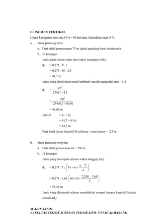 ELINEMEN VERTIKAL
Untuk kecepatan rata-rata (Vr) = 60 km/jam, kelandaian max 8 %
a.

Jarak pandang henti
a. Dari tabel perencanaan 75 m (jarak pandang henti minimum)
b. Jh hitungan
Jarak pada waktu sadar dan reaksi mengerem (d 1 )
d1

= 0,278 . V . t
= 0,278 . 60 . 2,5
= 41,7 m

Jarak yang diperlukan untuk berhenti setelah menginjal rem (d 2 )
=

Vr 2
254 (f + L)

=

d2

60 2
254 (0,3 + 0,04)

= 41,69 m
Jadi Jh

= d1 + d2
= 41,7 + 41,6
= 83,3 m

Dari hasil diatas diambil Jh terbesar / maxsimum = 125 m

b.

Jarak pandang menyiap
a. Dari tabel perencanaa Jd = 350 m
b. Jd hitungan
Jarak yang ditempuh selama waktu tanggap (d 1 )
d1

a . T1 

= 0,278 . T 1  Vr - m +

a 

2,268 . 3,68 

= 0,278 . 3,68  60 - 10 +

2


= 55,42 m

Jarak yang ditempuh selama mendahului sampai dengan kembali kelajur
semula (d 2 )

M.AFIF SALIM
FAKULTAS TEKNIK JURUSAN TEKNIK SIPIL UNTAG SEMARANG

 