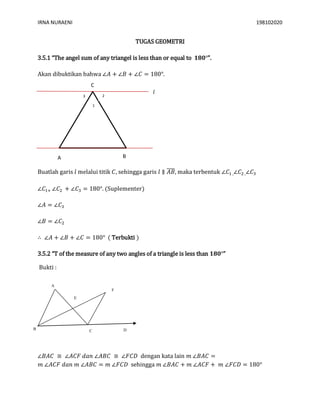 IRNA NURAENI 198102020
TUGAS GEOMETRI
3.5.1 “The angel sum of any triangel is less than or equal to 𝟏𝟖𝟎°”.
Akan dibuktikan bahwa ∠𝐴 + ∠𝐵 + ∠𝐶 = 180°.
Buatlah garis 𝑙 melalui titik 𝐶, sehingga garis 𝑙 ∥ 𝐴𝐵̅̅̅̅, maka terbentuk ∠𝐶1 ,∠𝐶2 ,∠𝐶3
∠𝐶1+ ∠𝐶2 + ∠𝐶3 = 180°. (Suplementer)
∠𝐴 = ∠𝐶3
∠𝐵 = ∠𝐶2
∴ ∠𝐴 + ∠𝐵 + ∠𝐶 = 180° ( Terbukti )
3.5.2 “T of the measure of any two angles of a triangle is less than 𝟏𝟖𝟎°”
Bukti :
∠𝐵𝐴𝐶 ≅ ∠𝐴𝐶𝐹 𝑑𝑎𝑛 ∠𝐴𝐵𝐶 ≅ ∠𝐹𝐶𝐷 dengan kata lain 𝑚 ∠𝐵𝐴𝐶 =
𝑚 ∠𝐴𝐶𝐹 𝑑𝑎𝑛 𝑚 ∠𝐴𝐵𝐶 = 𝑚 ∠𝐹𝐶𝐷 sehingga 𝑚 ∠𝐵𝐴𝐶 + 𝑚 ∠𝐴𝐶𝐹 + 𝑚 ∠𝐹𝐶𝐷 = 180°
C
A B
1
3 2
𝑙
A
C DB
E
F
 