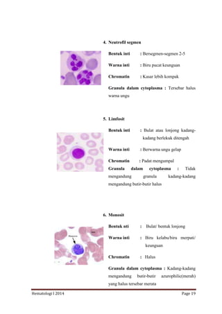 Hematologi I 2014 Page 19
4. Neutrofil segmen
Bentuk inti : Bersegmen-segmen 2-5
Warna inti : Biru pucat keunguan
Chromatin : Kasar lebih kompak
Granula dalam cytoplasma : Tersebar halus
warna ungu
5. Limfosit
Bentuk inti : Bulat atau lonjong kadang-
kadang berlekuk ditengah
Warna inti : Berwarna ungu gelap
Chromatin : Padat mengumpal
Granula dalam cytoplasma : Tidak
mengandung granula kadang-kadang
mengandung butir-butir halus
6. Monosit
Bentuk nti : Bulat/ bentuk lonjong
Warna inti : Biru kelabu/biru merpati/
keunguan
Chromatin : Halus
Granula dalam cytoplasma : Kadang-kadang
mengandung butir-butir azurophilic(merah)
yang halus tersebar merata
 