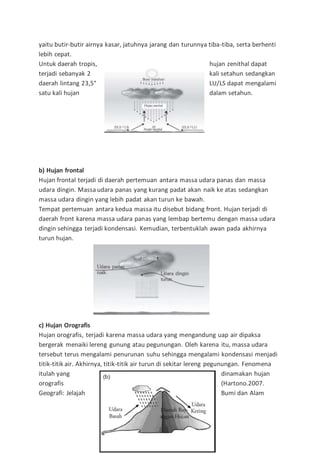 yaitu butir-butir airnya kasar, jatuhnya jarang dan turunnya tiba-tiba, serta berhenti
lebih cepat.
Untuk daerah tropis, hujan zenithal dapat
terjadi sebanyak 2 kali setahun sedangkan
daerah lintang 23,5° LU/LS dapat mengalami
satu kali hujan dalam setahun.
b) Hujan frontal
Hujan frontal terjadi di daerah pertemuan antara massa udara panas dan massa
udara dingin. Massa udara panas yang kurang padat akan naik ke atas sedangkan
massa udara dingin yang lebih padat akan turun ke bawah.
Tempat pertemuan antara kedua massa itu disebut bidang front. Hujan terjadi di
daerah front karena massa udara panas yang lembap bertemu dengan massa udara
dingin sehingga terjadi kondensasi. Kemudian, terbentuklah awan pada akhirnya
turun hujan.
c) Hujan Orografis
Hujan orografis, terjadi karena massa udara yang mengandung uap air dipaksa
bergerak menaiki lereng gunung atau pegunungan. Oleh karena itu, massa udara
tersebut terus mengalami penurunan suhu sehingga mengalami kondensasi menjadi
titik-titik air. Akhirnya, titik-titik air turun di sekitar lereng pegunungan. Fenomena
itulah yang dinamakan hujan
orografis (Hartono.2007.
Geografi: Jelajah Bumi dan Alam
 