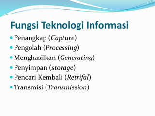 Fungsi Teknologi Informasi
 Penangkap (Capture)
 Pengolah (Processing)
 Menghasilkan (Generating)
 Penyimpan (storage)
 Pencari Kembali (Retrifal)
 Transmisi (Transmission)
 