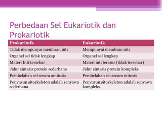 Perbedaan Sel Eukariotik dan
Prokariotik
Prokariotik Eukariotik
Tidak mempunyai membran inti Mempunyai membran inti
Organel sel tidak lengkap Organel sel lengkap
Materi Inti tersebar Materi inti teratur (tidak tersebar)
Jalur sintesis protein sederhana Jalur sintesis protein kompleks
Pembelahan sel secara amitosis Pembelahan sel secara mitosis
Penyusun sitoskeleton adalah senyawa
sederhana
Penyusun sitoskeleton adalah senyawa
kompleks
 