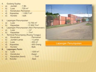 4. Gudang Suplay
 a) Jumlah : 1 Bh
 b) Luas : 720 m2
 c) Konstruksi: Permanen
 d) Kapasitas : 1.000 T.m2
 e) Kondisi : baik
5. Lapangan Penumpukan
 a) Luas : 12.750 m2
 b) Kapasitas : 17.850 T/m3
6. Lapangan Penumpukan (Non Permanaen)
 a) Luas : - m2
 b) Kapasitas : - T/m2
7. Terminal Penumpang (Ruang Tunggu)
 a) Konstruksi : Permanen
 b) Jumlah Lantai : 1 Lantai
 c) Luas : 450 m2
 d) Kapasitas : 450 Orang
 e) Kondisi : Baik
8. Lapangan Parkir
 a) Luas : 1200 m2
 b) Konstruksi : Aspal
 c) Kapasitas (kend) : - T/m2
 d) Kondisi : Baik
Lapangan Penumpukan
 