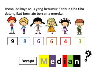9 68
Roma, adiknya Mus yang berumur 3 tahun tiba tiba
datang ikut bermain bersama mereka.
3
M e d i a nBerapa
6 4
 