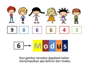 9 68 4 3
6 M o d u s
Dari gambar tersebut dapatkah kalian
menyimpulkan apa definisi dari modus
6
 