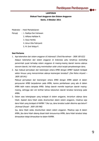 LAMPIRAN
                     Diskusi Teori Anggaran dan Sistem Anggaran
                                  Senin, 3 Oktober 2011




Moderator : Hesti Martadwiprani
Penyaji    : 1. Raditya Dwi Indrawan
            2. Alifiana Hafidian R.
            3. Sisca Henlita
            4. Ainun Dita Febriyanti
            5. M. Emil Widya P.


Sesi Pertama
1. Apa kelemahan dari sistem anggaran di Indonesia? (Farid Nurrahman - 3608 100 023)
   Adapun kelemahan dari sistem anggaran di Indonesia yaitu lemahnya kontrolling
   pemerintah pusat terhadap sistem anggaran di masing-masing daerah karena adanya
   otonomi daerah, hal inilah yang menimbulkan celah untuk terjadi penyelewengan dana.
2. Apa maksud pernyataan dari kesinergian antara APBD dengan APBN? Apakah terdapat
   sektor khusus yang mencerminkan adanya kesinergian tersebut? (Dwi Retno Ariyanti –
   3609 100 041)
   Maksud pernyataan dari kesinergian antara APBD dengan APBN adalah di dalam
   penyusunan APBD berpedoman pada APBN, karena pembahasan yang ada di dalam
   APBN lebih makro daripada APBD. Setiap daerah memiliki keperluan daerah masing-
   masing, sehingga dari sini terlihat bahwa kebutuhan daerah tersebut bersinergi pada
   APBN.
3. Dalam asas kelengkapan yang terdapat di sistem anggaran, tercantum adanya dana
   hibah. Apakah dana hibah selalu dicantumkan dalam sistem anggaran, misalnya saja
   dana hibah yang terdapat di RAPBN ? Jika iya, dana tersebut sudah diterima apa belum?
   (Achmad Ghozali - 3609 100 048)
   Iya, dana hibah selalu dicantumkan dalam sistem anggaran. Misalnya saja di dalam
   APBN, jika dana hibah datang disaat telah tersusunnya APBN, dana hibah tersebut tetap
   dimasukkan tetapi dimasukkan ke dalam RAPBN.




                                                                                           9
 