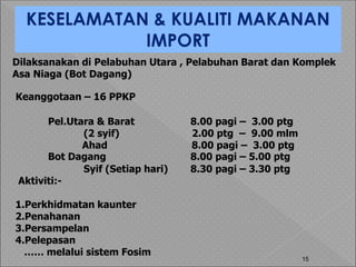 15
KESELAMATAN & KUALITI MAKANAN
IMPORT
Dilaksanakan di Pelabuhan Utara , Pelabuhan Barat dan Komplek
Asa Niaga (Bot Dagang)
Keanggotaan – 16 PPKP
Pel.Utara & Barat 8.00 pagi – 3.00 ptg
(2 syif) 2.00 ptg – 9.00 mlm
Ahad 8.00 pagi – 3.00 ptg
Bot Dagang 8.00 pagi – 5.00 ptg
Syif (Setiap hari) 8.30 pagi – 3.30 ptg
Aktiviti:-
1.Perkhidmatan kaunter
2.Penahanan
3.Persampelan
4.Pelepasan
…… melalui sistem Fosim
 