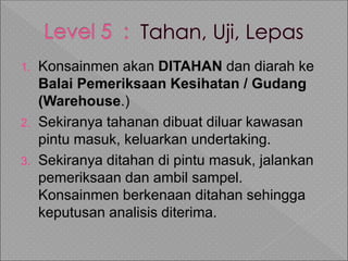 1. Konsainmen akan DITAHAN dan diarah ke
Balai Pemeriksaan Kesihatan / Gudang
(Warehouse.)
2. Sekiranya tahanan dibuat diluar kawasan
pintu masuk, keluarkan undertaking.
3. Sekiranya ditahan di pintu masuk, jalankan
pemeriksaan dan ambil sampel.
Konsainmen berkenaan ditahan sehingga
keputusan analisis diterima.
 