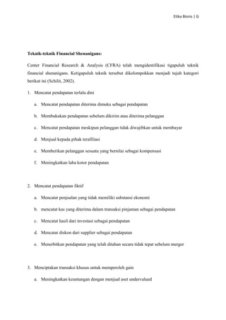 Etika Bisnis | G

Teknik-teknik Financial Shenanigans:
Center Financial Research & Analysis (CFRA) telah mengidentifikasi tigapuluh teknik
financial shenanigans. Ketigapuluh teknik tersebut dikelompokkan menjadi tujuh kategori
berikut ini (Schilit, 2002).
1. Mencatat pendapatan terlalu dini
a. Mencatat pendapatan diterima dimuka sebagai pendapatan
b. Membukukan pendapatan sebelum dikirim atau diterima pelanggan
c. Mencatat pendapatan meskipun pelanggan tidak diwajibkan untuk membayar
d. Menjual kepada pihak terafiliasi
e. Memberikan pelanggan sesuatu yang bernilai sebagai kompensasi
f. Meningkatkan laba kotor pendapatan

2. Mencatat pendapatan fiktif
a. Mencatat penjualan yang tidak memiliki substansi ekonomi
b. mencatat kas yang diterima dalam transaksi pinjaman sebagai pendapatan
c. Mencatat hasil dari investasi sebagai pendapatan
d. Mencatat diskon dari supplier sebagai pendapatan
e. Menerbitkan pendapatan yang telah ditahan secara tidak tepat sebelum merger

3. Menciptakan transaksi khusus untuk memperoleh gain
a. Meningkatkan keuntungan dengan menjual aset undervalued

 