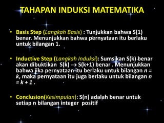 TAHAPAN INDUKSI MATEMATIKA
• Basis Step (Langkah Basis) : Tunjukkan bahwa S(1)
benar. Menunjukkan bahwa pernyataan itu berlaku
untuk bilangan 1.
• Inductive Step (Langkah Induksi): Sumsikan S(k) benar
akan dibuktikan S(k)  S(k+1) benar . Menunjukkan
bahwa jika pernyataan itu berlaku untuk bilangan n =
k, maka pernyataan itu juga berlaku untuk bilangan n
=k+1.

• Conclusion(Kesimpulan): S(n) adalah benar untuk
setiap n bilangan integer positif

 