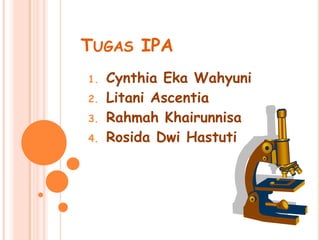 TUGAS IPA
1.   Cynthia Eka Wahyuni
2.   Litani Ascentia
3.   Rahmah Khairunnisa
4.   Rosida Dwi Hastuti
 