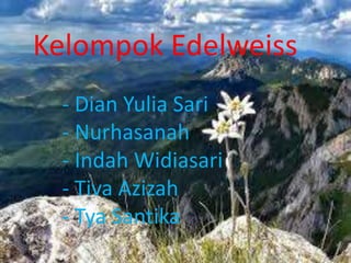 Kelompok Edelweiss 
- Dian Yulia Sari 
- Nurhasanah 
- Indah Widiasari 
- Tiva Azizah 
- Tya Santika 
 