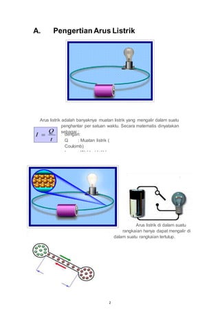 2
A. Pengertian Arus Listrik
Arus listrik adalah banyaknya muatan listrik yang mengalir dalam suatu
penghantar per satuan waktu. Secara matematis dinyatakan
sebagai :
Arus listrik di dalam suatu
rangkaian hanya dapat mengalir di
dalam suatu rangkaian tertutup.
dengan:
Q : Muatan listrik (
Coulomb)
t : Waktu (detik)
I : Kuat arus listrik
(Ampere)
 