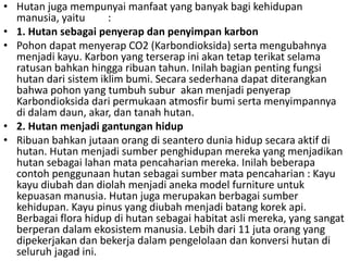 • Hutan juga mempunyai manfaat yang banyak bagi kehidupan
manusia, yaitu :
• 1. Hutan sebagai penyerap dan penyimpan karbon
• Pohon dapat menyerap CO2 (Karbondioksida) serta mengubahnya
menjadi kayu. Karbon yang terserap ini akan tetap terikat selama
ratusan bahkan hingga ribuan tahun. Inilah bagian penting fungsi
hutan dari sistem iklim bumi. Secara sederhana dapat diterangkan
bahwa pohon yang tumbuh subur akan menjadi penyerap
Karbondioksida dari permukaan atmosfir bumi serta menyimpannya
di dalam daun, akar, dan tanah hutan.
• 2. Hutan menjadi gantungan hidup
• Ribuan bahkan jutaan orang di seantero dunia hidup secara aktif di
hutan. Hutan menjadi sumber penghidupan mereka yang menjadikan
hutan sebagai lahan mata pencaharian mereka. Inilah beberapa
contoh penggunaan hutan sebagai sumber mata pencaharian : Kayu
kayu diubah dan diolah menjadi aneka model furniture untuk
kepuasan manusia. Hutan juga merupakan berbagai sumber
kehidupan. Kayu pinus yang diubah menjadi batang korek api.
Berbagai flora hidup di hutan sebagai habitat asli mereka, yang sangat
berperan dalam ekosistem manusia. Lebih dari 11 juta orang yang
dipekerjakan dan bekerja dalam pengelolaan dan konversi hutan di
seluruh jagad ini.
 