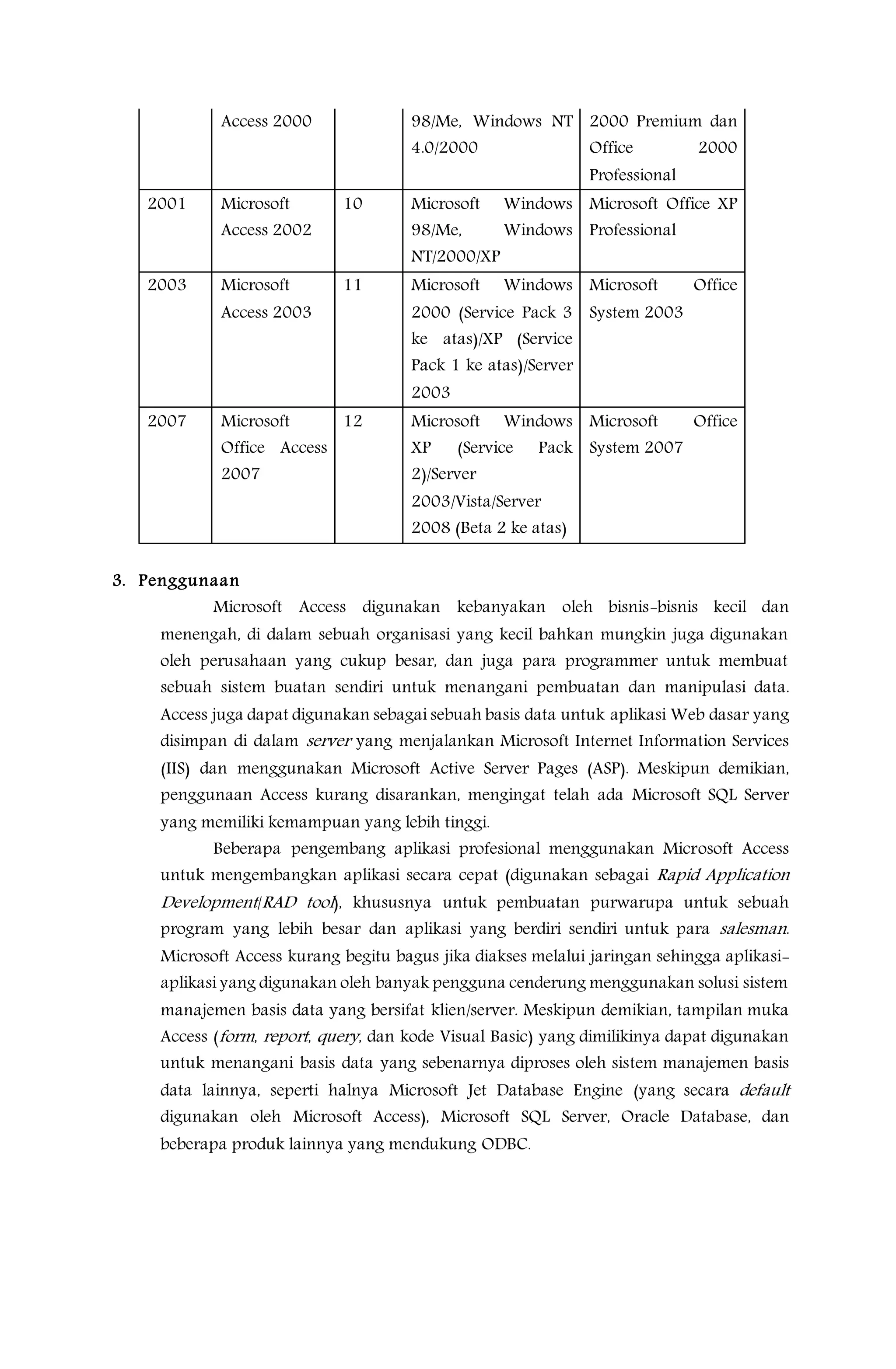 Access 2000 98/Me, Windows NT
4.0/2000
2000 Premium dan
Office 2000
Professional
2001 Microsoft
Access 2002
10 Microsoft Windows
98/Me, Windows
NT/2000/XP
Microsoft Office XP
Professional
2003 Microsoft
Access 2003
11 Microsoft Windows
2000 (Service Pack 3
ke atas)/XP (Service
Pack 1 ke atas)/Server
2003
Microsoft Office
System 2003
2007 Microsoft
Office Access
2007
12 Microsoft Windows
XP (Service Pack
2)/Server
2003/Vista/Server
2008 (Beta 2 ke atas)
Microsoft Office
System 2007
3. Penggunaan
Microsoft Access digunakan kebanyakan oleh bisnis-bisnis kecil dan
menengah, di dalam sebuah organisasi yang kecil bahkan mungkin juga digunakan
oleh perusahaan yang cukup besar, dan juga para programmer untuk membuat
sebuah sistem buatan sendiri untuk menangani pembuatan dan manipulasi data.
Access juga dapat digunakan sebagai sebuah basis data untuk aplikasi Web dasar yang
disimpan di dalam server yang menjalankan Microsoft Internet Information Services
(IIS) dan menggunakan Microsoft Active Server Pages (ASP). Meskipun demikian,
penggunaan Access kurang disarankan, mengingat telah ada Microsoft SQL Server
yang memiliki kemampuan yang lebih tinggi.
Beberapa pengembang aplikasi profesional menggunakan Microsoft Access
untuk mengembangkan aplikasi secara cepat (digunakan sebagai Rapid Application
Development/RAD tool), khususnya untuk pembuatan purwarupa untuk sebuah
program yang lebih besar dan aplikasi yang berdiri sendiri untuk para salesman.
Microsoft Access kurang begitu bagus jika diakses melalui jaringan sehingga aplikasi-
aplikasi yang digunakan oleh banyak pengguna cenderung menggunakan solusi sistem
manajemen basis data yang bersifat klien/server. Meskipun demikian, tampilan muka
Access (form, report, query, dan kode Visual Basic) yang dimilikinya dapat digunakan
untuk menangani basis data yang sebenarnya diproses oleh sistem manajemen basis
data lainnya, seperti halnya Microsoft Jet Database Engine (yang secara default
digunakan oleh Microsoft Access), Microsoft SQL Server, Oracle Database, dan
beberapa produk lainnya yang mendukung ODBC.
 