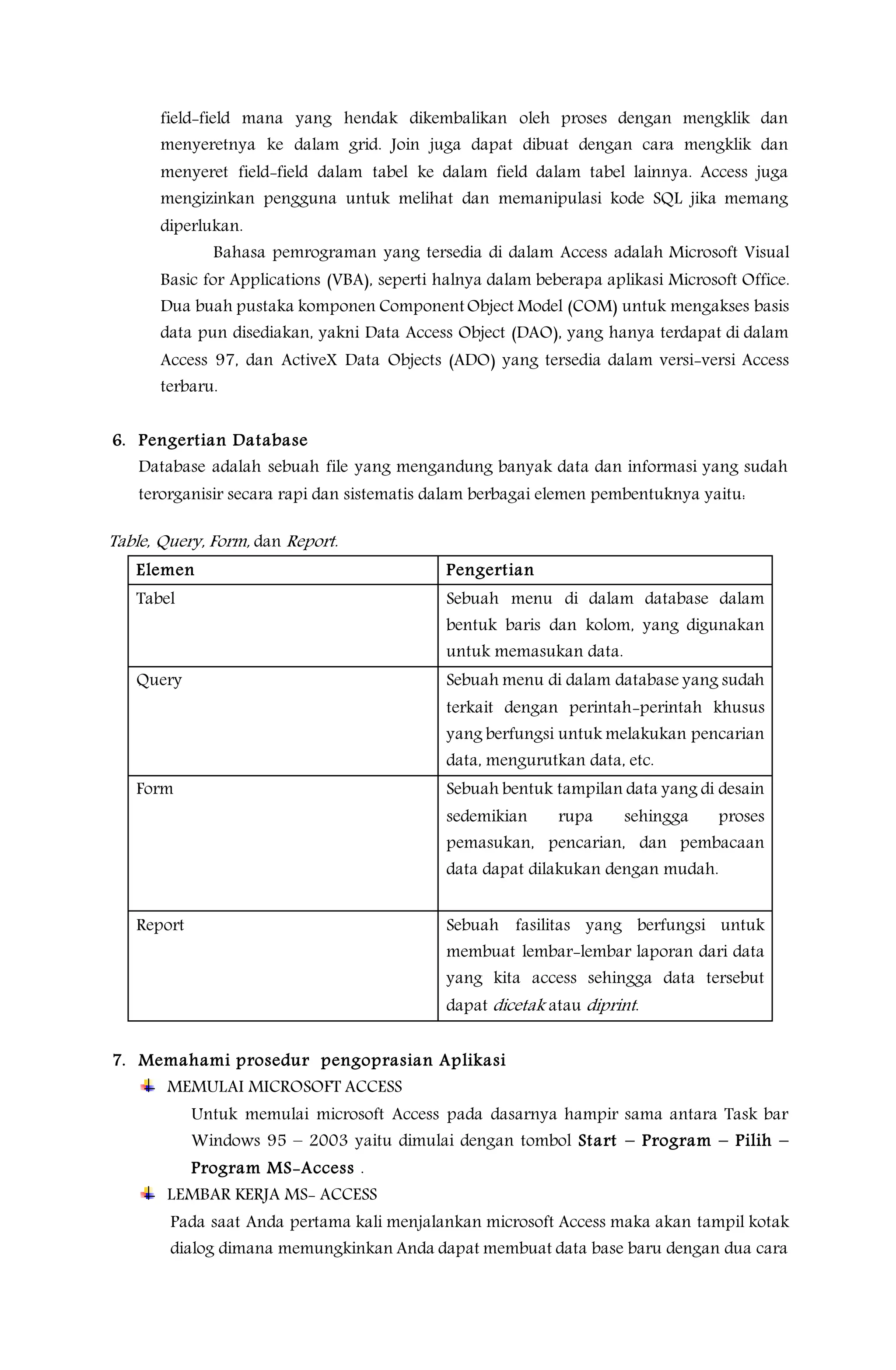 field-field mana yang hendak dikembalikan oleh proses dengan mengklik dan
menyeretnya ke dalam grid. Join juga dapat dibuat dengan cara mengklik dan
menyeret field-field dalam tabel ke dalam field dalam tabel lainnya. Access juga
mengizinkan pengguna untuk melihat dan memanipulasi kode SQL jika memang
diperlukan.
Bahasa pemrograman yang tersedia di dalam Access adalah Microsoft Visual
Basic for Applications (VBA), seperti halnya dalam beberapa aplikasi Microsoft Office.
Dua buah pustaka komponen ComponentObject Model (COM) untuk mengakses basis
data pun disediakan, yakni Data Access Object (DAO), yang hanya terdapat di dalam
Access 97, dan ActiveX Data Objects (ADO) yang tersedia dalam versi-versi Access
terbaru.
6. Pengertian Database
Database adalah sebuah file yang mengandung banyak data dan informasi yang sudah
terorganisir secara rapi dan sistematis dalam berbagai elemen pembentuknya yaitu:
Table, Query, Form, dan Report.
Elemen Pengertian
Tabel Sebuah menu di dalam database dalam
bentuk baris dan kolom, yang digunakan
untuk memasukan data.
Query Sebuah menu di dalam database yang sudah
terkait dengan perintah-perintah khusus
yang berfungsi untuk melakukan pencarian
data, mengurutkan data, etc.
Form Sebuah bentuk tampilan data yang di desain
sedemikian rupa sehingga proses
pemasukan, pencarian, dan pembacaan
data dapat dilakukan dengan mudah.
Report Sebuah fasilitas yang berfungsi untuk
membuat lembar-lembar laporan dari data
yang kita access sehingga data tersebut
dapat dicetak atau diprint.
7. Memahami prosedur pengoprasian Aplikasi
MEMULAI MICROSOFT ACCESS
Untuk memulai microsoft Access pada dasarnya hampir sama antara Task bar
Windows 95 – 2003 yaitu dimulai dengan tombol Start – Program – Pilih –
Program MS-Access .
LEMBAR KERJA MS- ACCESS
Pada saat Anda pertama kali menjalankan microsoft Access maka akan tampil kotak
dialog dimana memungkinkan Anda dapat membuat data base baru dengan dua cara
 