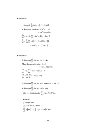 50 
Contoh Soal 
Contoh Soal 
  
  
    
83 2 1 3 1 
4 3 2 1 6 2 
6 2, 4 4 3 2 1 
, diperoleh 
Maka dengan subtitusi 3 2 1 
1.Hitunglah dari 3 2 1 . 
2 3 
2 3 
3 2 3 
4 
2 
2 4 
    
     
      
 
   
   
x x x 
x x x 
dx 
du 
du 
dy 
dx 
dy 
u x x 
du 
dy 
x 
dx 
du 
y u 
u x x 
y x x 
dx 
dy 
4.Hitunglah dari tan(3 4) 
3.Hitunglah dari ln(3 4) untuk 3x 4 0. 
3cos(3 4) 
3, cos cos(3 4) 
sin , diperoleh 
Maka dengan subtitusi 3 4 
2.Hitunglah dari sin(3 4). 
  
    
   
    
 
  
  
y x 
dx 
dy 
y x 
dx 
dy 
x 
dx 
du 
du 
dy 
dx 
dy 
u x 
du 
dy 
dx 
du 
y u 
u x 
y x 
dx 
dy 
  
cos 1.(2 ) 2 cos 1 
1 `( ) 2 
sin( 1). 
Contoh : 
Jika sin ( ), maka cos ( ) ` . 
2 2 
2 
2 
    
    
  
  
x x x x 
dx 
dy 
f(x) x f x x 
y x 
f x f (x) 
dx 
dy 
y f x 
 