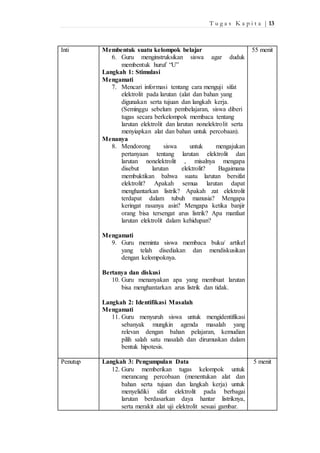 T u g a s K a p i t a | 13 
Inti Membentuk suatu kelompok belajar 
6. Guru menginstruksikan siswa agar duduk 
membentuk huruf “U” 
Langkah 1: Stimulasi 
Mengamati 
7. Mencari informasi tentang cara menguji sifat 
elektrolit pada larutan (alat dan bahan yang 
digunakan serta tujuan dan langkah kerja. 
(Seminggu sebelum pembelajaran, siswa diberi 
tugas secara berkelompok membaca tentang 
larutan elektrolit dan larutan nonelektrolit serta 
menyiapkan alat dan bahan untuk percobaan). 
Menanya 
8. Mendorong siswa untuk mengajukan 
pertanyaan tentang larutan elektrolit dan 
larutan nonelektrolit , misalnya mengapa 
disebut larutan elektrolit? Bagaimana 
membuktikan bahwa suatu larutan bersifat 
elektrolit? Apakah semua larutan dapat 
menghantarkan listrik? Apakah zat elektrolit 
terdapat dalam tubuh manusia? Mengapa 
keringat rasanya asin? Mengapa ketika banjir 
orang bisa tersengat arus listrik? Apa manfaat 
larutan elektrolit dalam kehidupan? 
Mengamati 
9. Guru meminta siswa membaca buku/ artikel 
yang telah disediakan dan mendiskusikan 
dengan kelompoknya. 
Bertanya dan diskusi 
10. Guru menanyakan apa yang membuat larutan 
bisa menghantarkan arus listrik dan tidak. 
Langkah 2: Identifikasi Masalah 
Mengamati 
11. Guru menyuruh siswa untuk mengidentifikasi 
sebanyak mungkin agenda masalah yang 
relevan dengan bahan pelajaran, kemudian 
pilih salah satu masalah dan dirumuskan dalam 
bentuk hipotesis. 
55 menit 
Penutup Langkah 3: Pengumpulan Data 
12. Guru memberikan tugas kelompok untuk 
merancang percobaan (menentukan alat dan 
bahan serta tujuan dan langkah kerja) untuk 
menyelidiki sifat elektrolit pada berbagai 
larutan berdasarkan daya hantar listriknya, 
serta merakit alat uji elektrolit sesuai gambar. 
5 menit 
 
