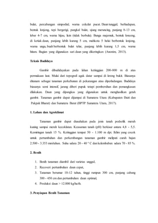 bulat, percabangan simpodial, warna cokelat pucat. Daun tunggal, berhadapan,
bentuk lonjong, tepi bergerigi, pangkal bulat, ujung meruncing, panjang 8-13 cm,
lebar 4-7 cm, warna hijau, licin (tidak berbulu). Bunga majemuk, bentuk lonceng,
di ketiak daun, panjang lebih kurang 5 cm, mahkota 5 helai berbentuk lonjong,
warna ungu, buah berbentuk bulat telur, panjang lebih kurang 1,5 cm, warna
hitam. Bagian yang digunakan sari daun yang dikeringkan (Anonim, 2013).
Teknis Budidaya
Gambir dibudidayakan pada lahan ketinggian 200-800 m di atas
permukaan laut. Mulai dari topografi agak datar sampai di lereng bukit. Biasanya
ditanam sebagai tanaman perkebunan di pekarangan atau diperladangan. Budidaya
biasanya semi intensif, jarang diberi pupuk tetapi pembersihan dan pemangkasan
dilakukan. Daun yang dipangkas yang digunakan untuk menghasilkan getah
gambir. Tanaman gambir dapat dijumpai di Sumatera Utara (Kabupaten Dairi dan
Pakpak Bharat) dan Sumatera Barat (BPTP Sumatera Utara, 2017).
1. Lahan dan Agroklimat
Tanaman gambir dapat diusahakan pada jenis tanah podsolik merah
kuning sampai merah kecoklatan. Keasaman tanah (pH) berkisar antara 4,8 - 5,5.
Kemiringan tanah 15 %. Ketinggian tempat 50 - 1.100 m dpi. Iklim yang cocok
untuk pertumbuhan dan perkembangan tanaman gambir meliputi curah hujan
2.500 - 3.353 mm/tahun. Suhu udara 20 - 40 ° C dan kelembaban udara 70 - 85 %.
2. Benih
1. Benih tanaman diambil dari varietas unggul,
2. Recoveri pertumbuhan daun cepat,
3. Tanaman berumur 10-12 tahun, tinggi rumpun 300 cm, panjang cabang
300 - 450 cm dan pertumbuhan daun optimal,
4. Produksi daun > 12.000 kg/ha/th.
3. Penyiapan Benih Tanaman
 