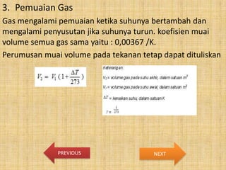 3. Pemuaian Gas
Gas mengalami pemuaian ketika suhunya bertambah dan
mengalami penyusutan jika suhunya turun. koefisien muai
volume semua gas sama yaitu : 0,00367 /K.
Perumusan muai volume pada tekanan tetap dapat dituliskan

PREVIOUS

NEXT

 