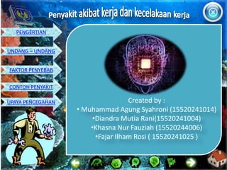 UPAYA PENCEGAHAN
FAKTOR PENYEBAB
UNDANG – UNDANG
PENGERTIAN
CONTOH PENYAKIT
Created by :
• Muhammad Agung Syahroni (15520241014)
•Diandra Mutia Rani(15520241004)
•Khasna Nur Fauziah (15520244006)
•Fajar Ilham Rosi ( 15520241025 )
 