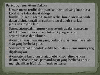Berikut 5 Teori Atom Dalton: 
Unsur-unsur terdiri dari partikel-partikel yang luar biasa 
kecil yang tidak dapat dibagi 
kembali(disebut atom).Dalam reaksi kimia,mereka tidak 
dapat diciptakan,dihancurkan atau diubah menjadi 
jenis unsur yang lain. 
Semua atom dalam unsur yang sejenis adalah sama dan 
oleh karena itu memiliki sifat-sifat yang serupa. 
seperti massa dan ukuran. 
Atom dari unsur-unsur yang berbeda jenis memiliki sifat-sifat 
yang berbeda pula. 
Senyawa dapat dibentuk ketika lebih dari 1 jenis unsur yang 
digabungkan. 
Atom-atom dari 2 unsur atau lebih dapat direaksikan 
dalam perbandingan-perbandingan yang berbeda untuk 
menghasilkan lebih dari 1 jenis senyawa 
 