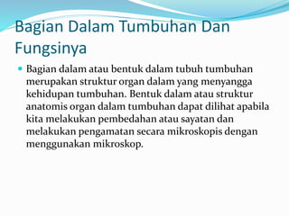 Bagian Dalam Tumbuhan Dan
Fungsinya
 Bagian dalam atau bentuk dalam tubuh tumbuhan
merupakan struktur organ dalam yang menyangga
kehidupan tumbuhan. Bentuk dalam atau struktur
anatomis organ dalam tumbuhan dapat dilihat apabila
kita melakukan pembedahan atau sayatan dan
melakukan pengamatan secara mikroskopis dengan
menggunakan mikroskop.
 