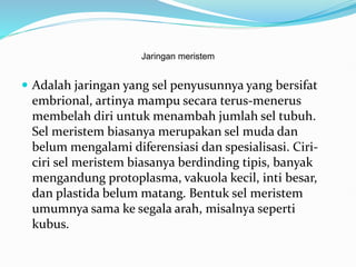 Jaringan meristem
 Adalah jaringan yang sel penyusunnya yang bersifat
embrional, artinya mampu secara terus-menerus
membelah diri untuk menambah jumlah sel tubuh.
Sel meristem biasanya merupakan sel muda dan
belum mengalami diferensiasi dan spesialisasi. Ciri-
ciri sel meristem biasanya berdinding tipis, banyak
mengandung protoplasma, vakuola kecil, inti besar,
dan plastida belum matang. Bentuk sel meristem
umumnya sama ke segala arah, misalnya seperti
kubus.
 