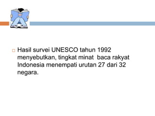 

Hasil survei UNESCO tahun 1992
menyebutkan, tingkat minat baca rakyat
Indonesia menempati urutan 27 dari 32
negara.

 