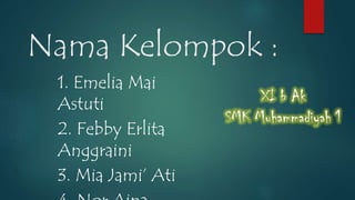 Nama Kelompok : 
1. Emelia Mai 
Astuti 
2. Febby Erlita 
Anggraini 
3. Mia Jami’ Ati 
4. Nor Aina 
 