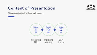 Content of Presentation
1 2 3
Issue Issue Issue
Integrating
SCM
Improving
Visibility
SCM
Trends
This presentation is divided by 3 issues
 