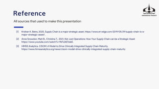 Reference
All sources that used to make this presentation
[1] Krishan K. Batra, 2020, Supply Chain is a major strategic asset, https://www.et-edge.com/2019/05/29/supply-chain-is-a-
major-strategic-asset/.
[2] Anne Snowdon, Matt B., Christina T., 2021, Not Just Operations: How Your Supply Chain can be a Strategic Asset.
https://www.youtube.com/watch?v=9kFz2kEVabE.
[3] HIMSS Analytics, CISOM: A Model to Drive Clinically Integrated Supply Chain Maturity,
https://www.himssanalytics.org/news/cisom-model-drive-clinically-integrated-supply-chain-maturity
 