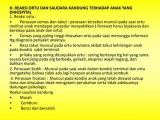 H. REAKSI ORTU DAN SAUDARA KANDUNG TERHADAP ANAK YANG
DIHOSPITAL
1. Reaksi ortu :
• Perasaan cemas dan takut : perasaan tersebut muncul pada saat ortu
melihat anak mendapat prosedur menyakitkan ( Perawat harus bijaksana dan
bersikap pada anak dan ortu).
• Cemas yang paling tinggi dirasakan ortu pada saat menunggu informasi
ttg diagnosis penyakit anaknya.
• Rasa takut muncul pada ortu terutama akibat takut kehilangan anak
pada kondisi sakit terminal.
• prilaku yang sering ditunjukkan ortu : sering bertanya ttg hal yang sama
secara berulang pada org berbeda, gelisah, ekspresi wajah tegang, dan
bahkan marah.
2. Perasaan Sedih : Muncul pada saat anak dalam kondisi terminal dan ortu
mengetahui bahwa tidak ada lagi harapan anaknya untuk sembuh.
3. Perasaan frustasi : Muncul pada kondisi anak yang telah dirawat cukup
lama dan dirasakan tidak mengalami perubahan serta tidak adekuatnya
dukungan psikologis.
Reaksi saudara kandung
• Marah
• Cemburu
• Benci dan bersalah
 