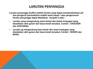 LARUTAN PENYANGGA
Larutan penyangga (buffer) adalah larutan yang dapat mempertahankan pH
dari pengaruh penambahan sedikit asam basah / atau pengenceran
larutan penyangga dapat dibedakan menjadi 2 yaitu :
•

Larutan yang mengandung asam lemah dan basah konjugasi yang
disediakan oleh garam dari basa lemah tersebut. Contoh : CH3COOH
dan CH3COONa

•

Larutan yg mengandung basa lemah dan asam konjugasi yang
disediakan oleh garam dari basa lemah tersebut. Contoh : NH4OH dan
NH4CI

 