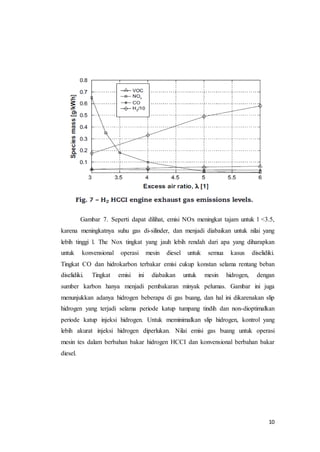 10
Gambar 7. Seperti dapat dilihat, emisi NOx meningkat tajam untuk l <3.5,
karena meningkatnya suhu gas di-silinder, dan menjadi diabaikan untuk nilai yang
lebih tinggi l. The Nox tingkat yang jauh lebih rendah dari apa yang diharapkan
untuk konvensional operasi mesin diesel untuk semua kasus diselidiki.
Tingkat CO dan hidrokarbon terbakar emisi cukup konstan selama rentang beban
diselidiki. Tingkat emisi ini diabaikan untuk mesin hidrogen, dengan
sumber karbon hanya menjadi pembakaran minyak pelumas. Gambar ini juga
menunjukkan adanya hidrogen beberapa di gas buang, dan hal ini dikarenakan slip
hidrogen yang terjadi selama periode katup tumpang tindih dan non-dioptimalkan
periode katup injeksi hidrogen. Untuk meminimalkan slip hidrogen, kontrol yang
lebih akurat injeksi hidrogen diperlukan. Nilai emisi gas buang untuk operasi
mesin tes dalam berbahan bakar hidrogen HCCI dan konvensional berbahan bakar
diesel.
 