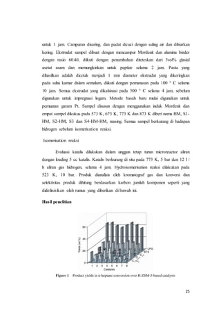 25
untuk 1 jam. Campuran disaring, dan padat dicuci dengan suling air dan dibiarkan
kering. Ekstrudat sampel dibuat dengan mencampur Mordenit dan alumina binder
dengan rasio 60:40, diikuti dengan penambahan diteteskan dari 3vol% glasial
asetat asam dan memungkinkan untuk peptize selama 2 jam. Pasta yang
dihasilkan adalah dicetak menjadi 1 mm diameter ekstrudat yang dikeringkan
pada suhu kamar dalam semalam, diikuti dengan pemanasan pada 100 ° C selama
10 jam. Semua ekstrudat yang dikalsinasi pada 500 ° C selama 4 jam, sebelum
digunakan untuk impregnasi logam. Metode basah baru mulai digunakan untuk
pemuatan garam Pt. Sampel disusun dengan menggunakan induk Mordenit dan
empat sampel dikukus pada 573 K, 673 K, 773 K dan 873 K diberi nama HM, S1-
HM, S2-HM, S3 dan S4-HM-HM, masing. Semua sampel berkurang di hadapan
hidrogen sebelum isomerisation reaksi.
Isomerisation reaksi
Evaluasi katalis dilakukan dalam unggun tetap turun microreactor aliran
dengan loading 5 cc katalis. Katalis berkurang di situ pada 773 K, 5 bar dan 12 l /
h aliran gas hidrogen, selama 4 jam. Hydroisomerisation reaksi dilakukan pada
523 K, 10 bar. Produk dianalisis oleh kromatograf gas dan konversi dan
selektivitas produk dihitung berdasarkan karbon jumlah komponen seperti yang
didefinisikan oleh rumus yang diberikan di bawah ini.
Hasil penelitian
 