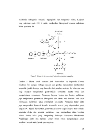 28
eksotermik hidrogenasi benzena) dipengaruhi oleh temperatur reaksi. Kegiatan
yang seimbang pada 583 K untuk memberikan hidrogenasi benzena maksimum
dalam penelitian ini.
Gambar 5 Skema untuk konversi jenis hidrokarbon ke isoparafin Namun,
penelitian rinci dengan berbagai reaktan dan produk menunjukkan pembentukan
isoparaffin jumlah karbon yang berbeda dari parafin-n reaktan. Ini observasi rute
yang mungkin menyarankan pembentukan isoparaffin melalui retak dan
memperbaharui mekanisme. Penurunan benzena konten dan konten naphthenes
juga menyarankan pembukaan hidrogenasi dan cincin dari aromatik dan cincin
pembukaan naphthenes untuk membentuk iso-parafin. Penurunan kadar olefin
juga menyarankan konversi kepada iso-parafin seperti yang digambarkan pada
langkah IV. Secara keseluruhan, pembentukan isomer dapat dicapai dari konversi
n-parafin, olefin, dan aromatic naphthenes yang menghasilkan oktan boosting
industri bahan baku yang mengandung beberapa komponen hidrokarbon.
Pengurangan olefin dan benzena konten dalam pakan menguntungkan untuk
membuat produk untuk bensin pencampuran.
 