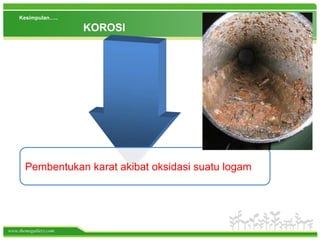 Kesimpulan…..

                       KOROSI




       Pembentukan karat akibat oksidasi suatu logam




www.themegallery.com
 