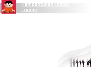 Pembentukan Ikatan 
Logam 
Logam memiliki sedikit elektron valensi dan memiliki elektronegativitas 
yang rendah. Semua jenis logam cenderung melepaskan elektron 
terluarnya sehingga membentuk ion-ion positif/atom-atom positif/kation 
logam. 
Kulit terluar unsur logam relatif longgar (terdapat banyak tempat kosong) 
sehingga elektron terdelokalisasi, yaitu suatu keadaan dimana elektron 
valensi tidak tetap posisinya pada suatu atom, tetapi senantiasa 
berpindah pindah dari satu atom ke atom lainnya. 
Elektron valensi logam bergerak dengan sangat cepat mengitari intinya 
dan berbaur dengan elektron valensi yang lain dalam ikatan logam 
tersebut sehingga menyerupai “awan” atau “lautan” yang membungkus 
ion-ion positif di dalamnya. Elektron bebas dalam orbit ini bertindak 
sebagai perekat. 
 