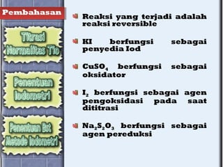 Pembahasan
Reaksi yang terjadi adalah
reaksi reversible
KI berfungsi sebagai
penyedia Iod
CuSO4 berfungsi sebagai
oksidator
I2 berfungsi sebagai agen
pengoksidasi pada saat
dititrasi
Na2S2O3 berfungsi sebagai
agen pereduksi
 