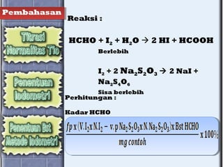 Perhitungan :
Kadar HCHO
Pembahasan
Reaksi :
HCHO + I2 + H2O  2 HI + HCOOH
Berlebih
I2 + 2 Na2S2O3  2 NaI +
Na2S4O6
Sisa berlebih
 