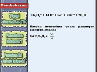 Pembahasan
Karena menerima enam pasangan
elektron, maka :
Bst K2Cr2O7 =
Cr2O7
2-
+ 14 H+
+ 6e-
 2Cr3+
+ 7H2O
 